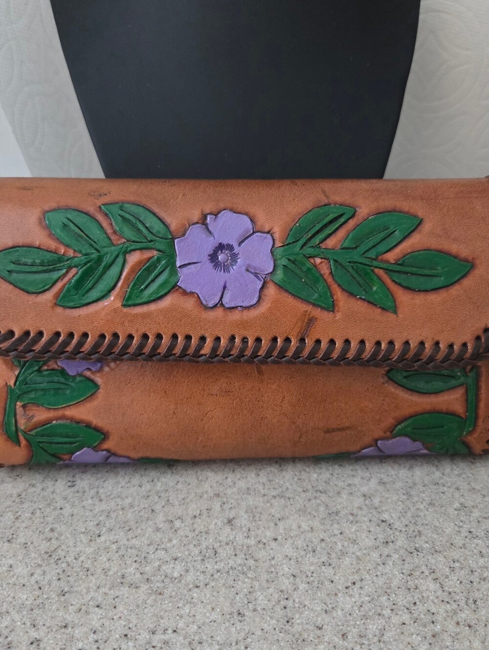 Hand Made Tooled Leather Floral Hand Painted Vintage Whip Stitch Tri-fold Wallet - Picture 11 of 14